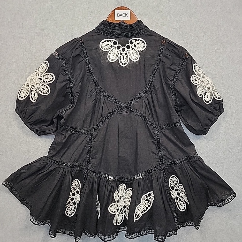 Forever That Girl Anthropologie Black Blouse Top With Lace Embroidery Boho XS - Picture 5 of 11